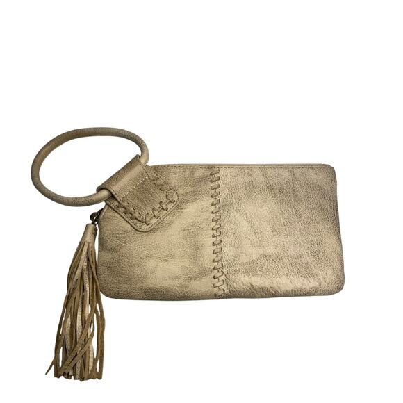Hobo Sable Wristlet Clutch Purse Distressed Cream Tassel Zipper Boho EUC - Picture 1 of 13